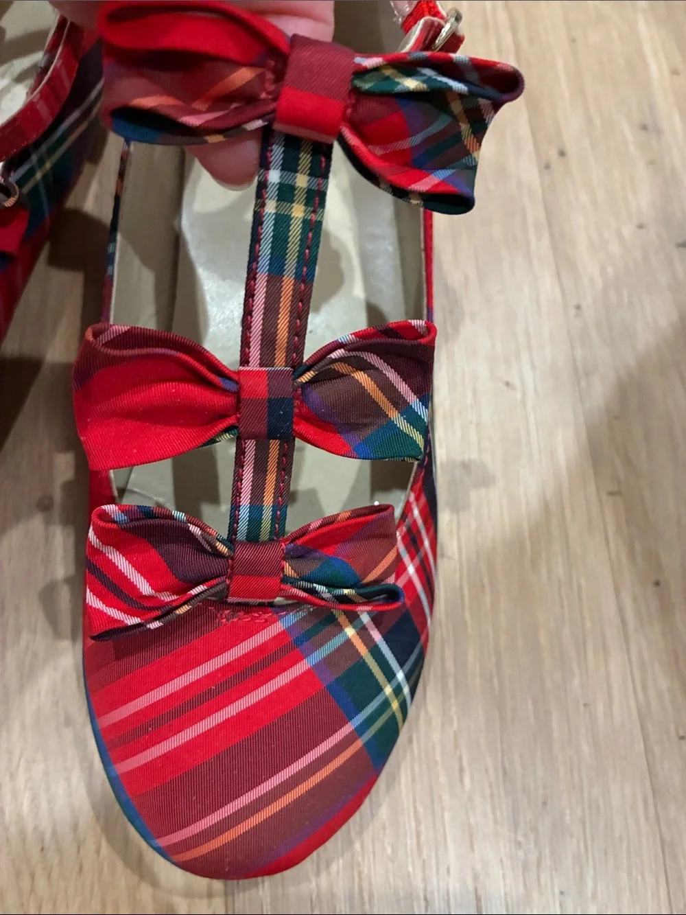 Janie and Jack girls Red Plaid Bow Strap Flats Christmas, holiday